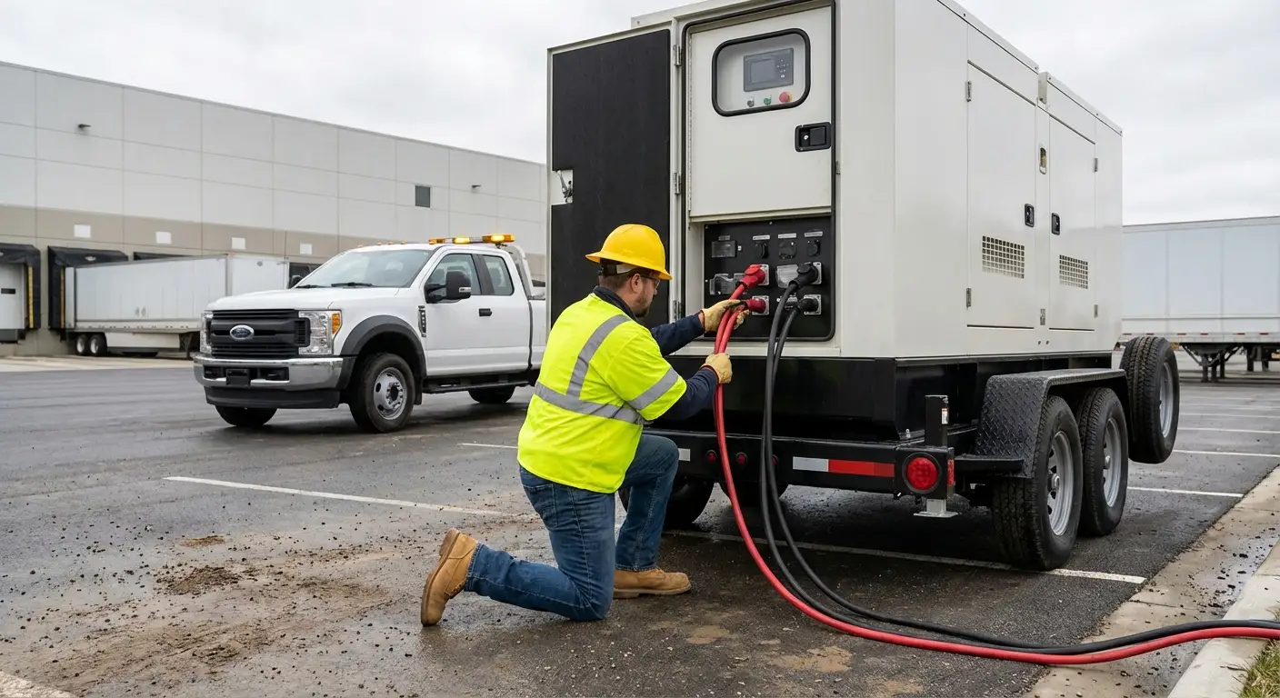 A 500kW mobile generator parked next to a large modern distribution center loading dock at dusk, powering temporary floodlights and equipment. in Santee, CA