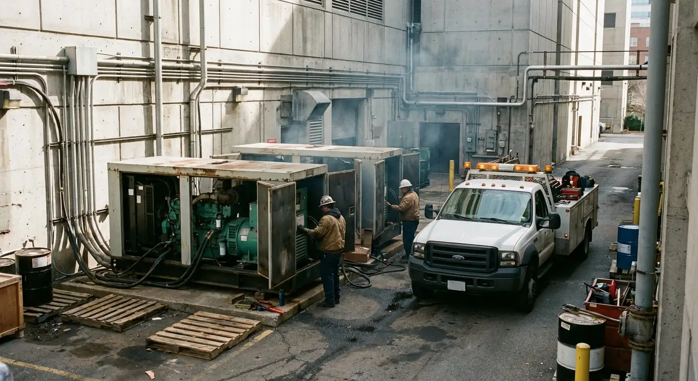 Two large white industrial generators connected in parallel outside a hospital utility building, with thick black cabling running into the facility. in Santee, CA