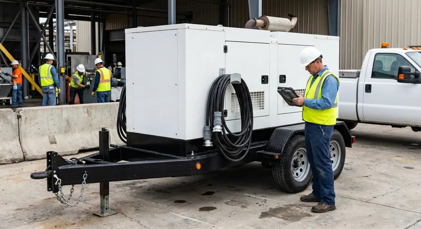 A technician checking the control panel of a towable generator stationed outside a brick factory building during the day, with industrial conduit visible. in Santee, CA